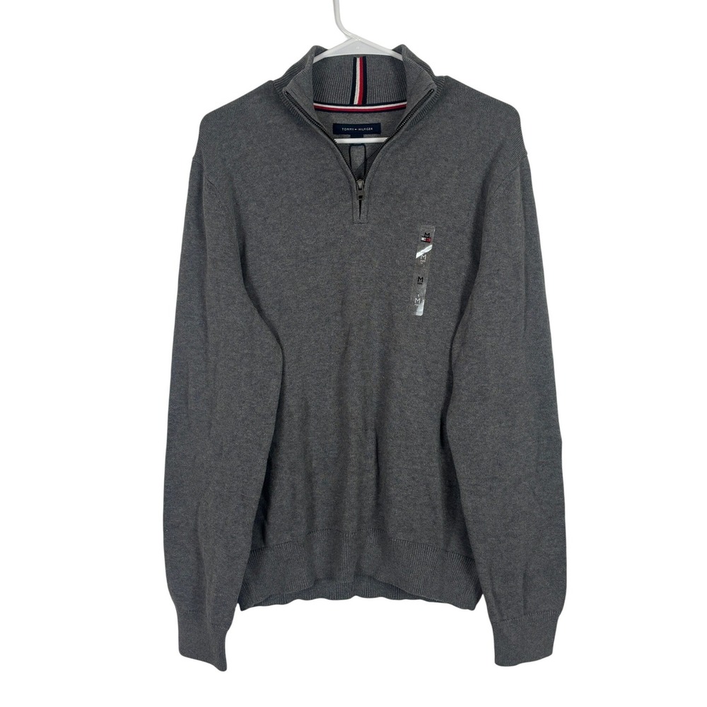 Tommy Hilfiger Quarter Zip Sweater Mens Medium Gray Fall Cotton Minimalist